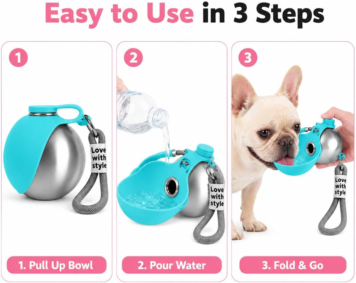 Ultimate Portable Dog Water Bottle - 10 Oz Stainless Steel Dispenser with Silicone Foldable Bowl for Hassle-Free Hydration on the Go!