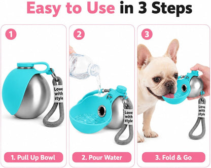 Ultimate Portable Dog Water Bottle - 10 Oz Stainless Steel Dispenser with Silicone Foldable Bowl for Hassle-Free Hydration on the Go!