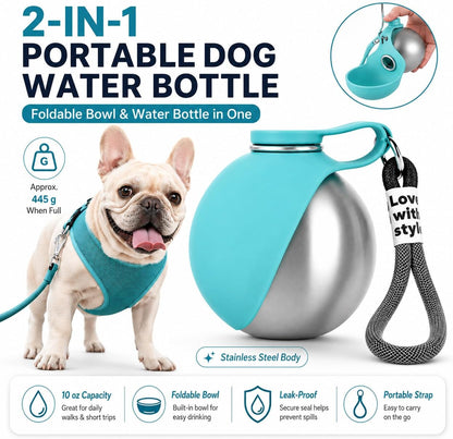 Ultimate Portable Dog Water Bottle - 10 Oz Stainless Steel Dispenser with Silicone Foldable Bowl for Hassle-Free Hydration on the Go!